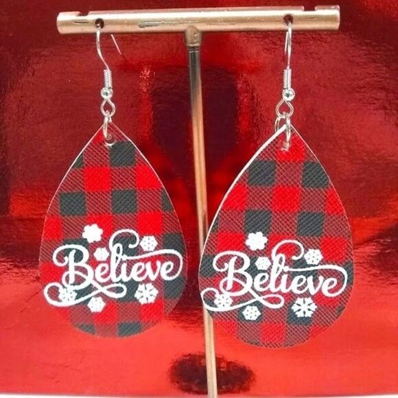 Believe Red & Black Buffalo Check Teardrop Earrings - Picture 1 of 4